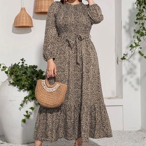 Plus Leopard Print Shirred Lantern Sleeve Ruffle Hem Belted Dress